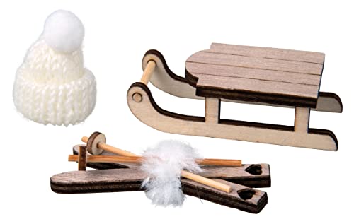 Rayher Holz-Schlitten, Holz-Ski, Strickmütze, Set 3 Teile, Weihnachtsdekoration, Christbaum-Schmuck, 46664999, Bunt