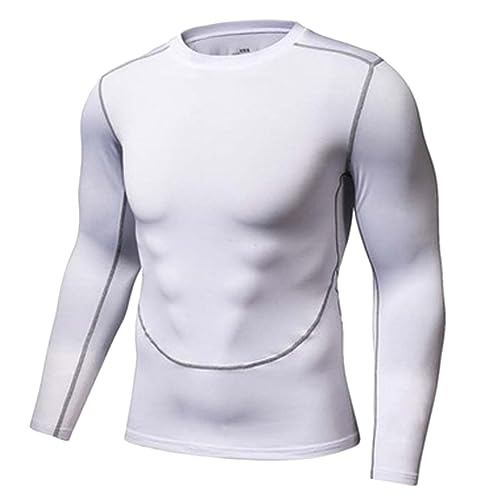 Herren-Fitness-Langarm-Laufsport-T-Shirt für Herren, Thermo-Muskel-Athletik-Gymnastik-Kompressionskleidung Laufshirt Herren Winter (White, L)