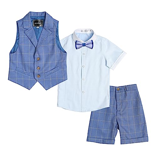 LOLANTA 4-teiliger Kinder Freizeit Anzug Set, Jungen Sommer Festlich Hochzeitsanzug, Kurzarm Hemd, Fliege, Weste, Kurze Hose, dunkelblau kariert, 110