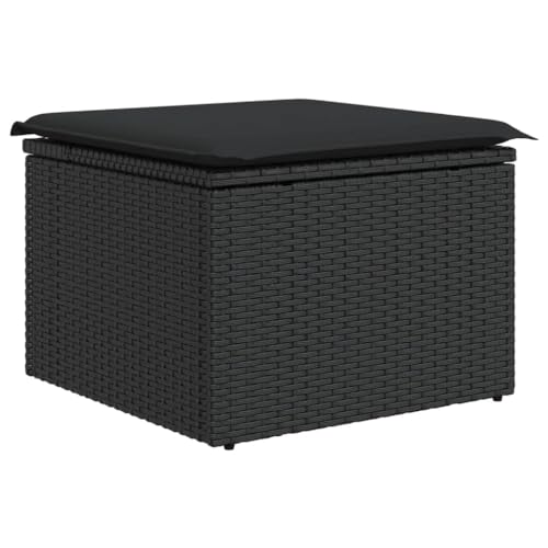 Makastle Gartenhocker, Poly Rattan Fußhocker mit Kissen, Fußauflage, Balkon Sitzhocker, Rattanhocker für Garten Terrasse, Schwarz 55x55x37 cm