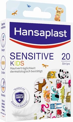 Hansaplast Kinderpflaster Sensitive (20 Strips), Wundpflaster mit niedlichen Tiermotiven zum Aufmuntern, schmerzlos zu entfernendes Pflaster Set