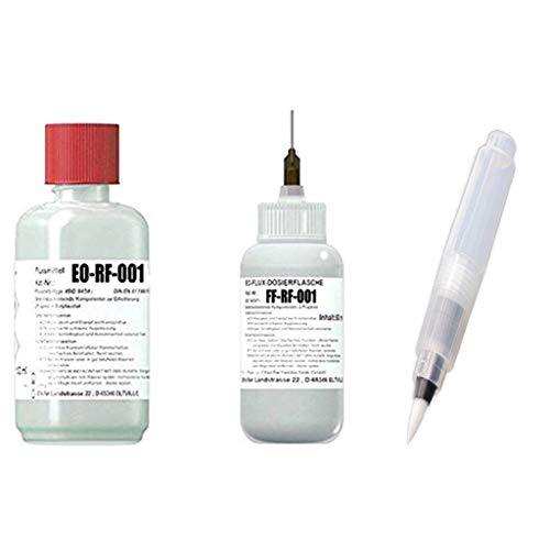 Profi-Set Plus: 250 ml Rework-Flussmittel EO-RF-001 + 50 ml in EO-Flux-Dosierflasche FF-RF-001 zzgl. EO-Compact-Flux-Pen (unbefüllt) (No-Clean Flussmittel, 4,0% Feststoff)