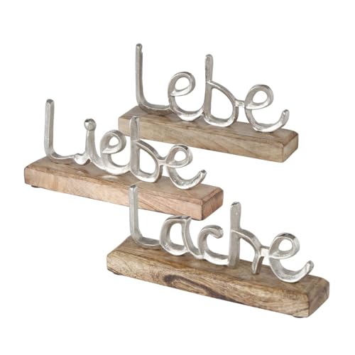 Schriftzug Lebe Liebe Lache Dekoaufsteller Tischdeko Aluminium Mangoholz 3er Set