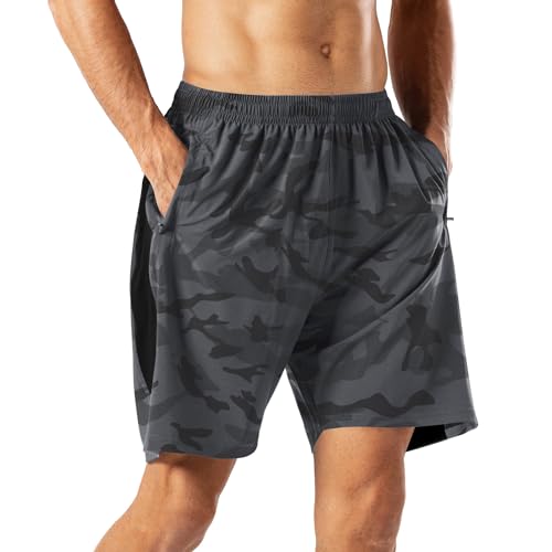 HMIYA Herren Sport Shorts Schnell Trocknend Kurze Hose mit Reißverschlusstasch (Camouflage Grau,3XL)