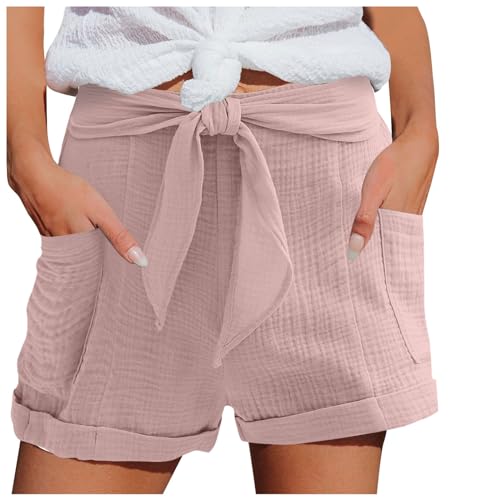 Damen Sommer-Sportshorts, modisch, leicht, lässig, Musselinhose, kurz mit hoher Taille, Shorts mit Kordelzugtaschen, elastische Sommerhose, Strandshorts, Stoffhose Shorts 2 in 1Damen-Shorts (Pink, L)