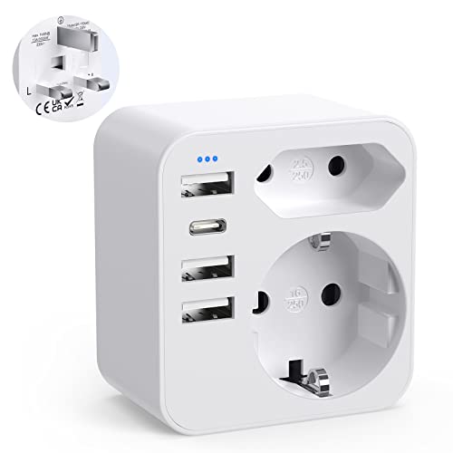 6-in-1 Reiseadapter, Adapter England Deutschland Stecker mit 3 USB Ports +1 USB C+2 AC Steckdose Steckdosenadapter Typ G für England Irland UK,Dubai,Malediven