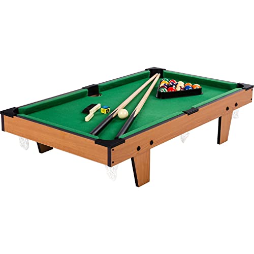 GAMES PLANET Mini Pool Billardtisch Micro inkl. Zubehör (2 Queues, Kugeln, Dreieck, Kreide, Bürste), 3 Dekore, Maße: 92 x 52 x 19 cm, helles Holzdekor