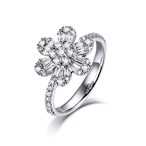 BCughia Zarter Ring, 14 Karat Ring Weiß Trapezschliff Diamant 14 Karat Weißgold Blumendesign Jubiläum Ringe Damen Größe 56(17.8)