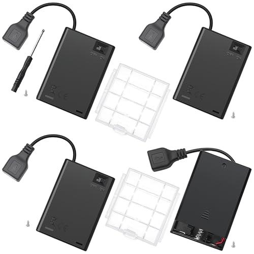 4 Stücke 3x1.5V AA Batteriehalter mit Schalter und Abdeckung, KUOQIY 4.5V Kunststoff Batteriehalter Gehäuse mit USB Buchse und EIN/AUS Schalter, mit Batteriebox aus Kunststoff und Schrauben