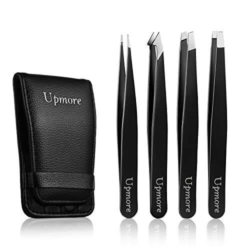 Upmore 4x Pinzette Set Edelstahl - Schwarz Augenbrauenpinzette Set Schere Pinzette, Gerade Schräge Spitze Zupfpinzette Splitterpinzette Spitzpinzette für Frauen und Männer