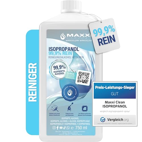 Maxxi Clean | Reines Isopropanol (99,9%) Reinigungsalkohol | 1x 750ml Fettlöser & Lösungsmittel | rückstandsfrei anwendbar zur Reinigung von elekt. Bauteilen, Schallplatten, Druckköpfen und mehr