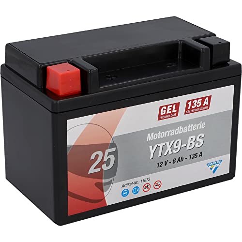 CARTEC Motorradbatterie YTX9-BS, 8Ah, 135A, Gel Technologie Motorrad-Starter-Batterie, Erstausrüsterqualität, zyklenfest, lagerfähig, wartungsfrei