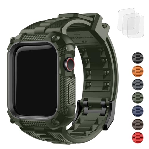 Fullmosa Kompatibel mit Apple Watch Armband 44mm Series 6 5 4 SE/SE2 mit Schutzhülle, Robustes Sport Ersatzband mit Displayschutz Gehäuse für iWatch Damen und Herren, 44mm Armeegrün