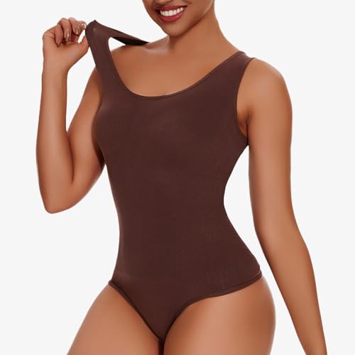 Generisch Fohxiibody, Fohxiibody Body Suit, Fohxiibody Snatched Shapewear Bodysuit, Body Suit Sexy Seamless Shapewear (Coffee-Wide Straps,Small)