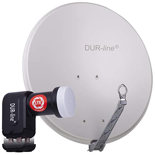 DUR-line 4 Teilnehmer Set - Qualitäts-Alu-Satelliten-Komplettanlage - Select 75cm/80cm Spiegel/Schüssel Hellgrau + Quad LNB - für 4 Receiver/TV [Neuste Technik, DVB-S2, 4K, 3D]