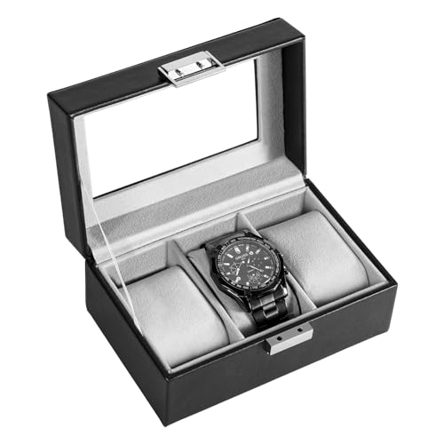 ProCase Uhrenbox mit 3 Fächern, Uhrenkasten mit Glasdeckel, Uhrenkoffer mit Uhrenkissen, Uhrenaufbewahrung, Premium-Uhrenschatulle, PU-Leder Uhrenkasten, Watch Box für Herren - 3 Fächer, Schwarz