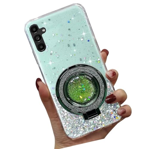 Tivenfezk Nadoli Sparkle Treibsand Ständer Hülle für Samsung Galaxy S23,Versteckt Ständer Ring Klar Glitzer Stern Handyhülle Durchsichtig Bling Schutzhülle Case Cover,Grün