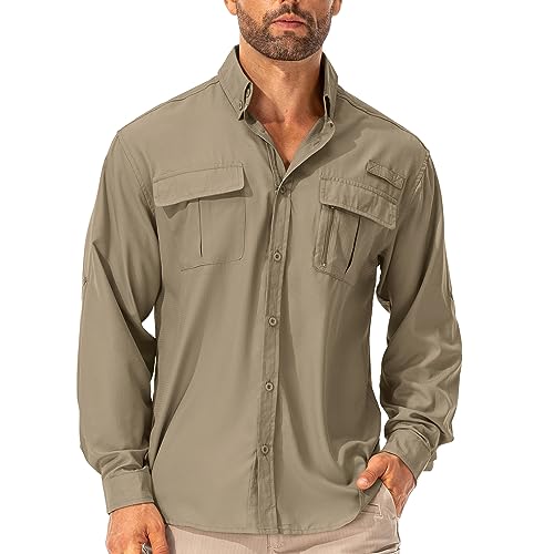 Asfixiado Hemd Herren Safari UPF50+ UV Schutz Wanderhemd Herren Langarm Funktionshemd Outdoorhemd Atmungsaktiv Schnelltrocknend Casual Button Down Shirts(Khaki L)