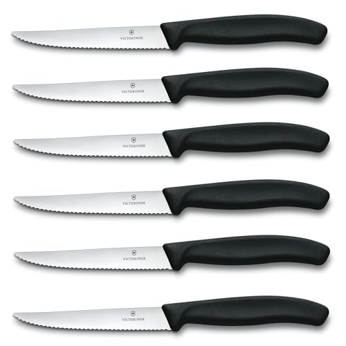 Victorinox Swiss Classic, Profi Steakmesser-Set, 6-teilig, Extra Scharfe Klinge, Wellenschliff, 11 cm, Robuster Kunststoffgriff, Rostfreier Stahl, Schwarz