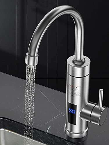 Elektrischer Wasserhahn für Durchlauferhitzer aus Edelstahl, Wasserhahn warm und kalt, 3000 W, Thermometer ohne LED, Warmwasserhahn für Küchenspüle, 360 ° drehbarer Wasserhahn