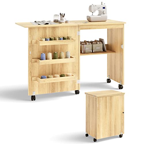 COSTWAY 2 in 1 Nähschrank & Schreibtisch klappbar, Nähtisch aus Holz mit 3 Einlegeböden für Spulen & feststellbare Rollen, Nähmaschinenschrank für Wohnzimmer, Schlafzimmer & Büro (Beige)