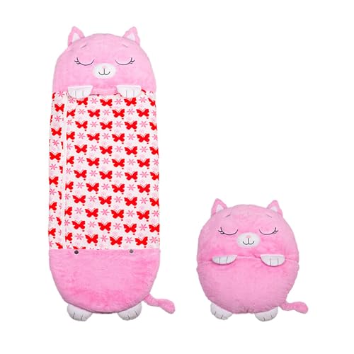 Happy Nappers Katze pink | Large 6-12 Jahre | Spielen - kuscheln- schlafen | Flauschiger Kinderschlafsack | 4 Motive | 2 in 1 Kuscheltierschlafsack & Kissen für Mädchen und Jungen