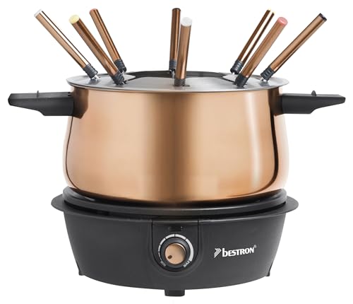 Bestron elektrische Fondue Set für bis zu 8 Personen, mit 8x Fonduegabeln & stufenlosen Thermostat, inkl. Spritzschutz, Farbe: Kupfer