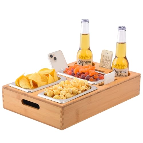 Couchbar Snackbox, Snackspender mit 3X Snackschale, Bambus Sofatablett für Sofa, Deko, Couch Bar mit Getränkehalter, Abnehmbarer Deckel, Snackbox mit Fächern, Couch Organizer Tablett, Sofa Butler