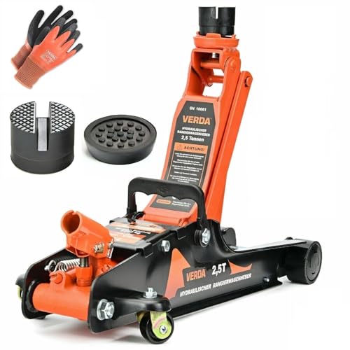 Wagenheber 2,5T + 2X Gummi + Montagehandschuhe Rangierwagenheber 85-385 mm Auto Heber Modellwahl (Wagenheber 2,5T)