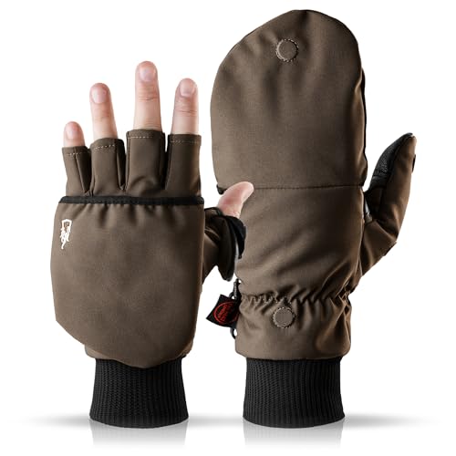 HEAT 2 Fingerlose Touchscreen Handschuhe und Fäustlinge Kombination, warme Winterhandschuhe gegen den Wind und Kälte im Winter – Sporthandschuhe, Fahrradhandschuhe Damen, Herren – Braun, Large