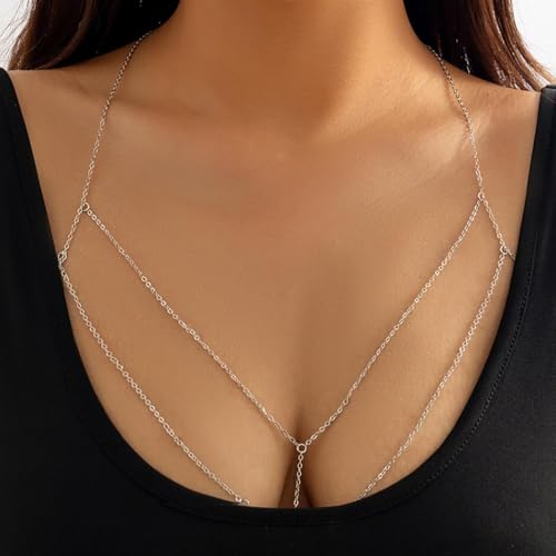 Carufin Bikini BH Body Chain Sexy Kreuz Brust Kette Dessous Halskette Nachtclub Zubehör Einstellbarer Schmuck für Frauen Mädchen (Silber)