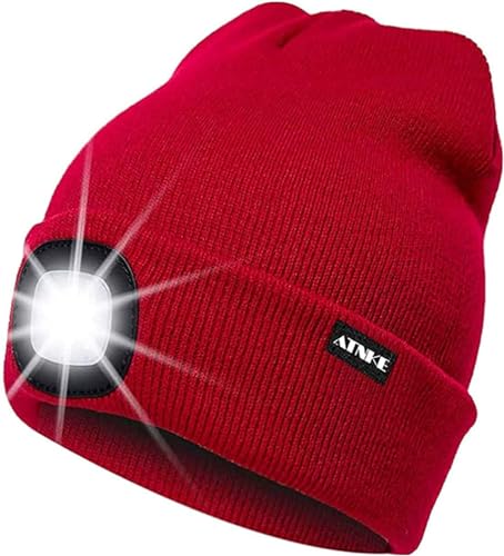 ATNKE LED Beleuchtete Mütze,Wiederaufladbare USB Laufmütze mit Licht Extrem Heller 4 LED Lampe Winter Warme Stirnlampe für Herren und Damen Geschenke/Red