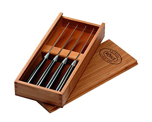 RÖSLE Steakmesser-Set 4-tlg., Hochwertige Steakmesser mit scharf geschliffener Klinge aus Klingenspezialstahl, POM, inkl. praktischer Holzbox, Schwarz, 4 x 25.2 x 11 cm , 4 Stück (1er Pack)