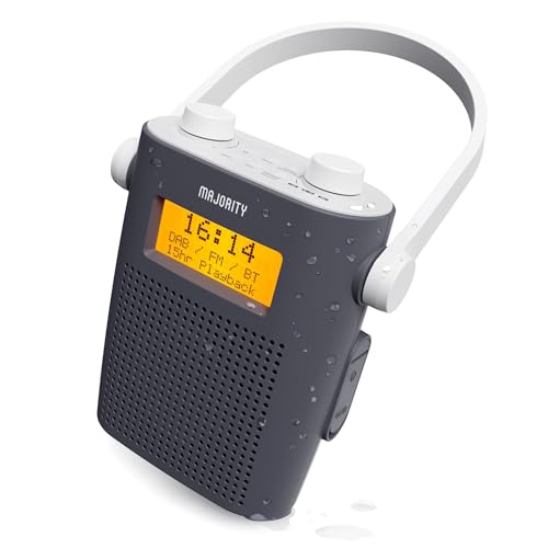 IPX-5 Wasserdichtes tragbares Bluetooth DAB/DAB+ Radio | Wiederaufladbarer 15 Stunden Akku Duschradio, netzbetrieben | UKW-Radio, 20 Voreinstellungen | 3,5mm Klinke, LED-Display | MAJORITY Eversden