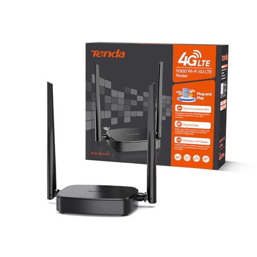 Tenda 4G03 Pro 4G LTE Router, WLAN Router für Nano-SIM-Karten (N300 CAT4, 150 Mbit/s im Download, 300 Mbit/s 2,4GHz) 2*4dBi Antennen, Plug & Play, Fast-Ethernet-Port, App, Router Modus, LED, Schwarz