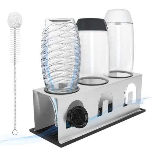 ACTIV CUISINE Flaschenhalter für Sodastream Duo Crystal Flaschen, 3er Edelstahl Abtropfhalter, Abtropfständer Abtropfgestell mit Schutzringe, Abtropfmatte, Deckelhalter und Flaschenbürste