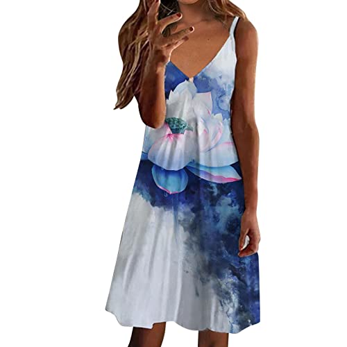 ROLAQDK Neckholder Kleid Damen Lässig Boho Blumen V-Ausschnitt Midi Slip Kleid Ärmellos Damen Sommer Strand Sommerkleid Maxikleider Damen Sommer Cocktailkleid Damen Elegant für Hochzeit