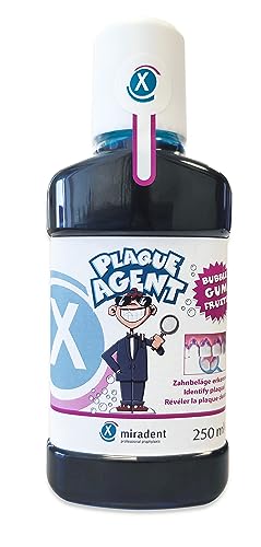 miradent Plaque Agent® Zahnspüllösung 250 ml | zur Plaquekontrolle für Kinder | mit angenehmen "Bubble Gum"-Geschmack | gebrauchsfertig inkl. Dosierkappe | Erythrosinfrei | ohne Alkohol