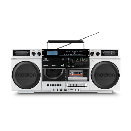 MEDION P66538 Kassettenrecorder (Retro Ghettoblaster mit CD-Player, 80er, groß, USB, SD, CD, Kassetten MC, DAB+ Radio Teleskopantenne, Bluetooth, Kassettendeck, Aufnahmefunktion, Batteriebetrieben)