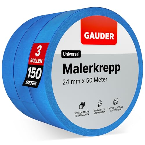 GAUDER Malerkrepp (24 mm x 50 m) | 3x Kreppband für Malerarbeiten und Renovierungen | Abklebeband zum Streichen, Lackieren, Renovieren