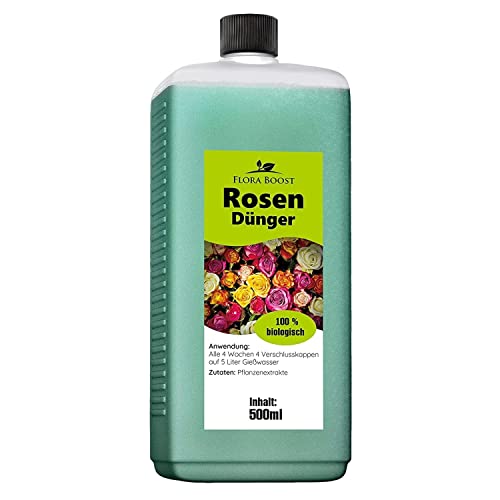 Konfitee Rosen Dünger Flora Boost 500ml I Für bis zu 100L Gießwasser I Langzeitdünger für alle Arten von Rosen geeignet I Flüssiger Blatt- & Wurzeldünger I 100% natürlicher Pflanzendünger