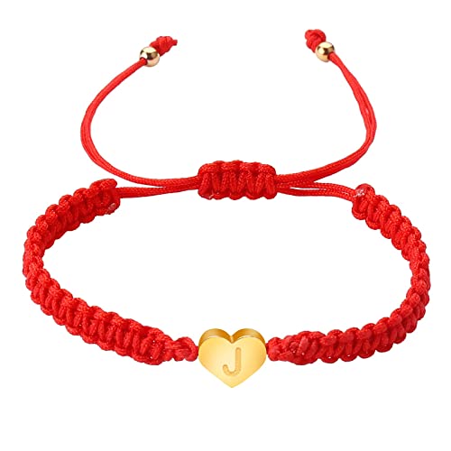 PTLLEND Schmuckkästchen Aus Samt mit 26 Initialen, vergoldeter Buchstabe, gewebtes Armband, zierliches Herz-Charme-rotes Armband, gewebtes rotes Armband für Männer, Frauen, Mädchen Armband