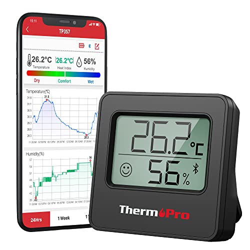 ThermoPro TP357B 80m Bluetooth Hygrometer Innen Thermometer für Innenräume mit APP Mini Luftfeuchtigkeitsmesser mit Smiley-Indikator Datengrafik für Büro, Weinkeller, Gewächshaus Schwarz