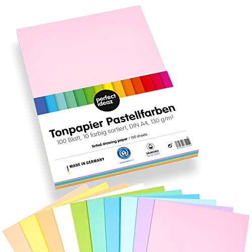 perfect ideaz • 100 Blatt Ton-Papier A4, 10 Pastell-Farben, 130 g/m², MADE IN GERMANY