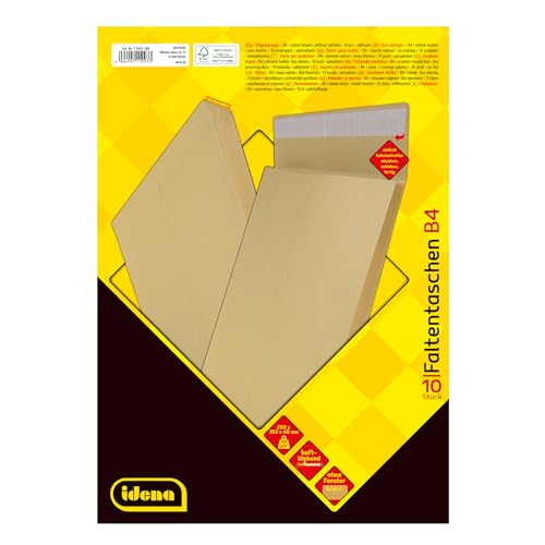 Idena 11093 - Versandtaschen DIN B4, 10 Stück haftklebend, Faltentaschen mit 4 cm Bodenfalte, Umschläge ohne Fenster, aus 140 g/m² FSC-Recycled Papier in Braun