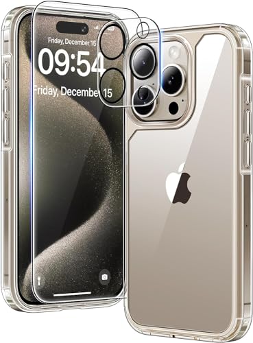 TAURI 5 in 1 für iPhone 15 Pro Hülle, Handyhülle für iPhone 15 Pro Case, [Vergilbt Nicht] Schlanke, Stoßfeste Telefon Lanyard Hülle - Transparent