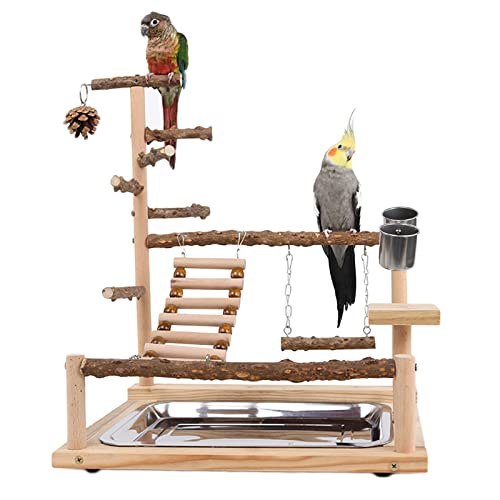 WishesMar Wellensittich Spielplatz Vogel-Spielplatz mit Feeder-Cup Spielzeug Leiter Erklimmen Schaukel und Tablett für Nymphensittich Papageien Wellensittiche, Holz, Größe 45x37x26 cm #A