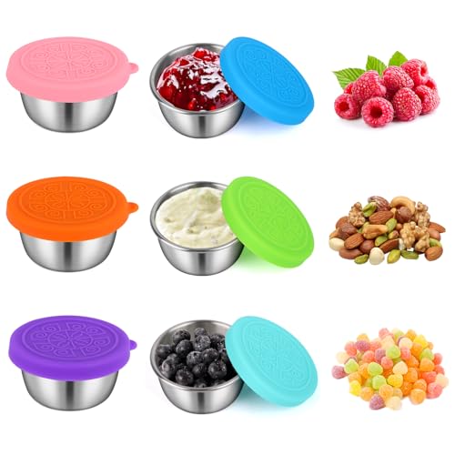 VFANDV 6 Stück Dressing Behälter, 50ml Kleine Edelstahl Gewürzbehälter Mini Dosen mit Silikondeckel Salatdressing Behälter Gewürzbehälter Saucenbehälter für Dips Salat Gewürze Marmelade