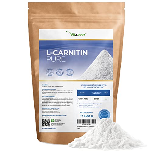 L-Carnitin Pure - 300 g reines Pulver ohne Zusätze - 100% L-Carnitin Tartrat - 100 Portionen mit 3000 mg Carnitinpulver - Laborgeprüft - Vegan - Hochdosiert - Premium Qualität