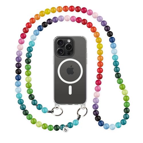 beadstars Perlen Handykette Universal zum Umhängen inkl. Patch und Geschenkbox, handgefertigt in Deutschland, bunte Holzperlen, kompatibel mit iPhone, Samsung (Rainbow, 140cm)